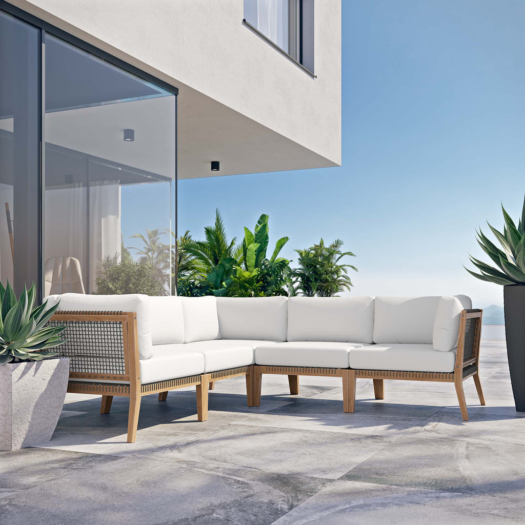 Clearwater 5-Piece Outdoor Patio Teak Wood Sectional Sofa - Gray White