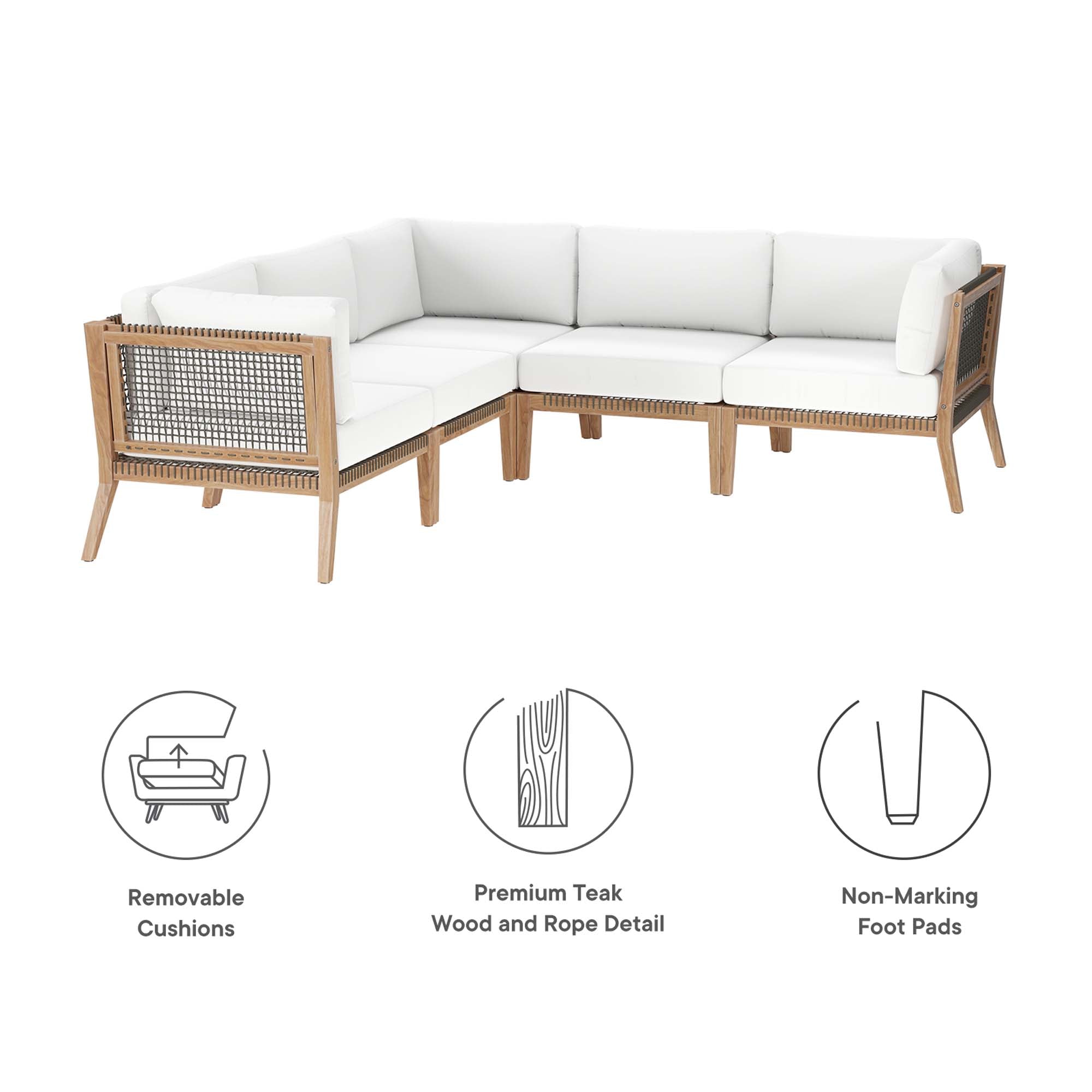 Clearwater 5-Piece Outdoor Patio Teak Wood Sectional Sofa - Gray White