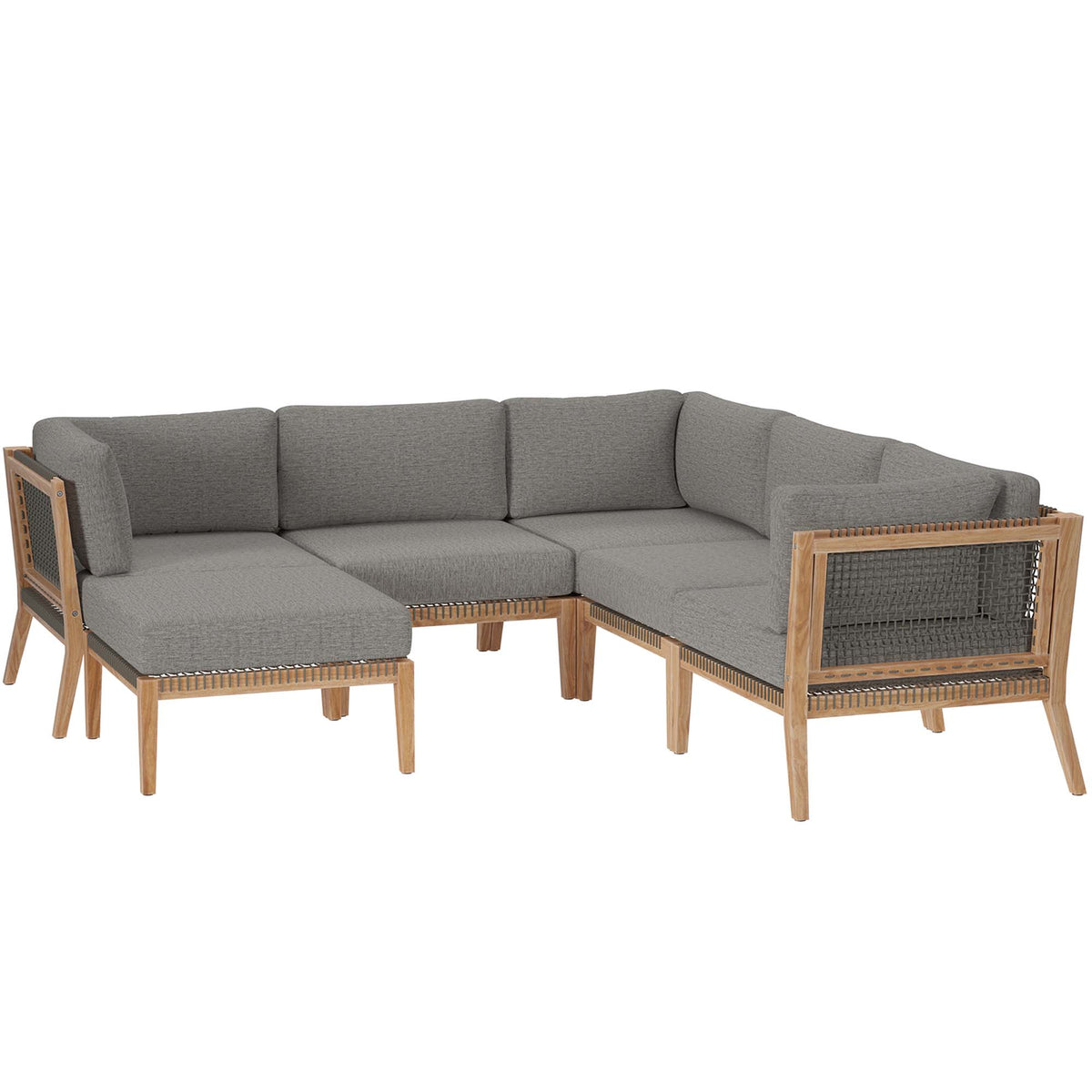 Clearwater 6-Piece Outdoor Patio Teak Wood Sectional Sofa - Gray Graphite (2 Armless Chairs, 3 Corner Chairs, Ottoman)