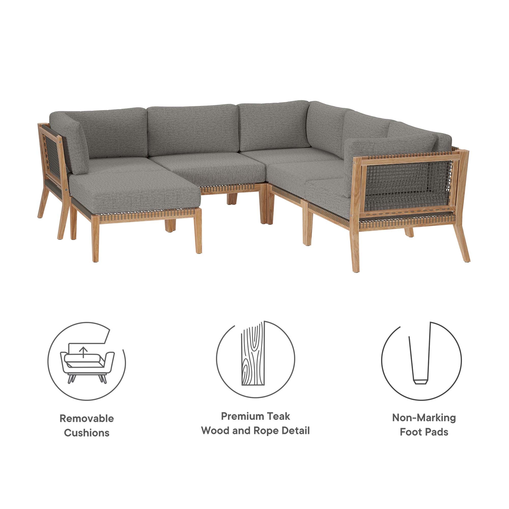 Clearwater 6-Piece Outdoor Patio Teak Wood Sectional Sofa - Gray Graphite (2 Armless Chairs, 3 Corner Chairs, Ottoman)
