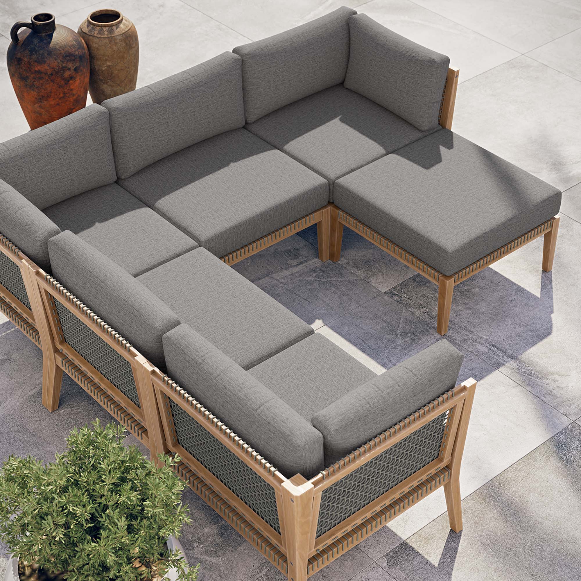 Clearwater 6-Piece Outdoor Patio Teak Wood Sectional Sofa - Gray Graphite (2 Armless Chairs, 3 Corner Chairs, Ottoman)