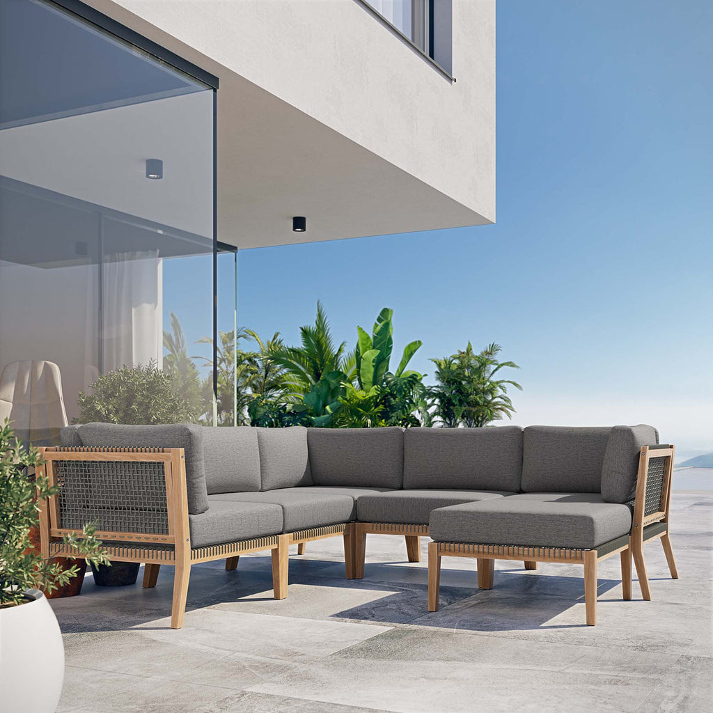 Clearwater 6-Piece Outdoor Patio Teak Wood Sectional Sofa - Gray Graphite (2 Armless Chairs, 3 Corner Chairs, Ottoman)