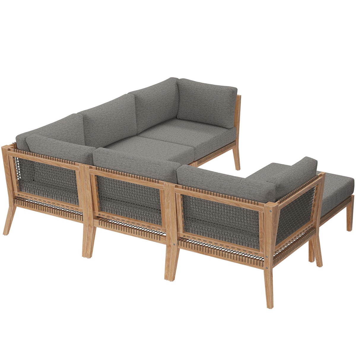 Clearwater 6-Piece Outdoor Patio Teak Wood Sectional Sofa - Gray Graphite (2 Armless Chairs, 3 Corner Chairs, Ottoman)