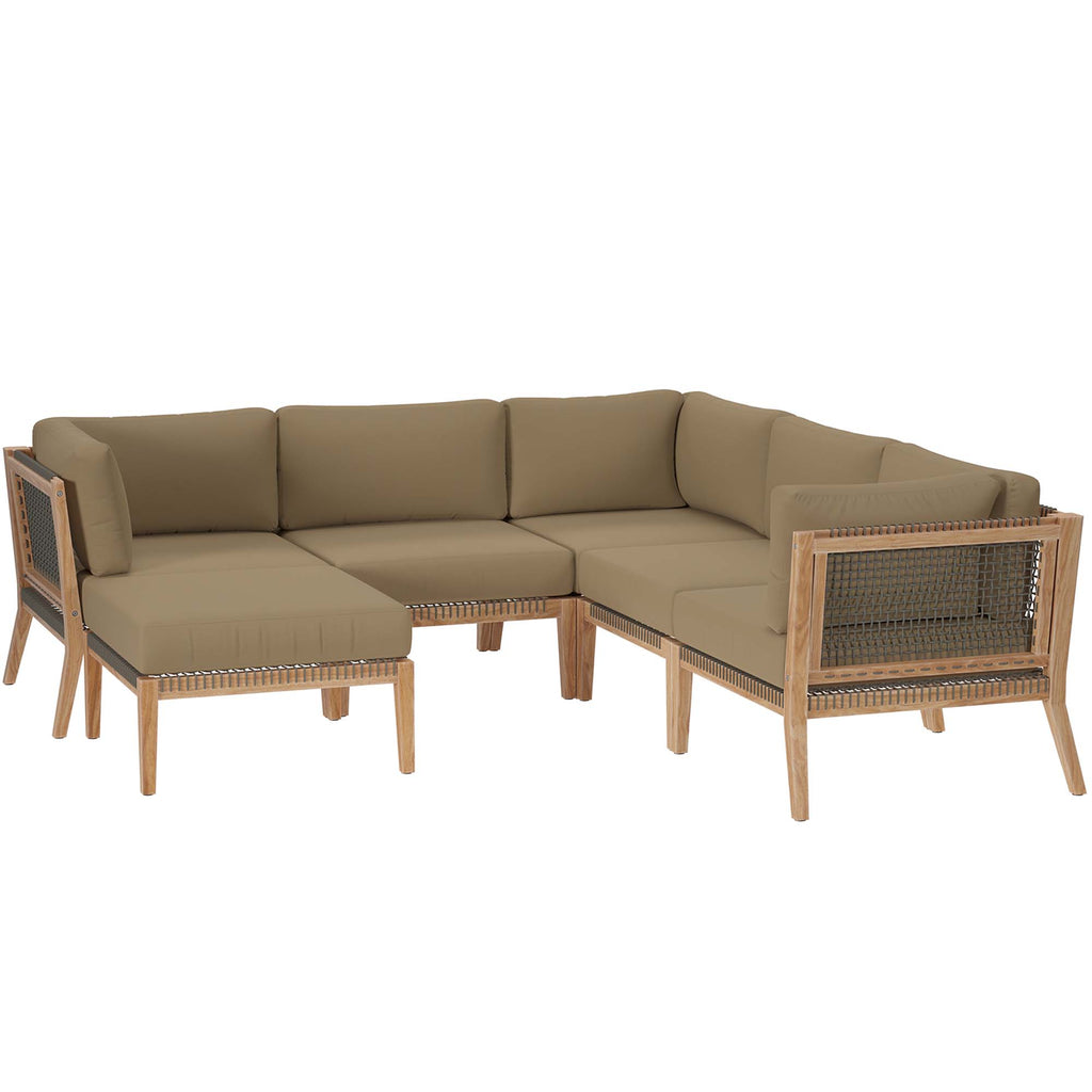 Clearwater 6-Piece Outdoor Patio Teak Wood Sectional Sofa - Gray Light Brown (2 Armless Chairs, 3 Corner Chairs, Ottoman)