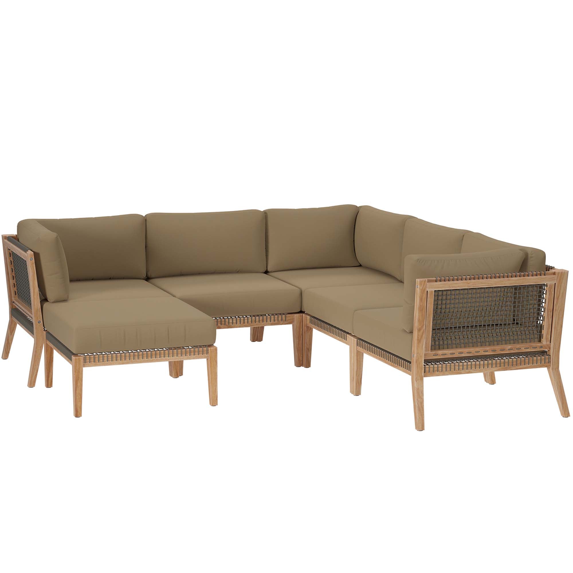 Clearwater 6-Piece Outdoor Patio Teak Wood Sectional Sofa - Gray Light Brown (2 Armless Chairs, 3 Corner Chairs, Ottoman)
