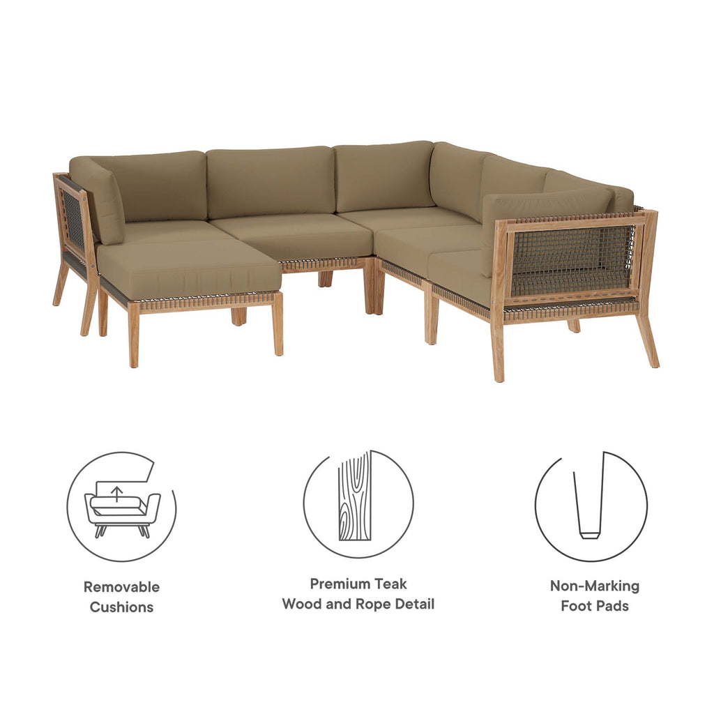 Clearwater 6-Piece Outdoor Patio Teak Wood Sectional Sofa - Gray Light Brown (2 Armless Chairs, 3 Corner Chairs, Ottoman)