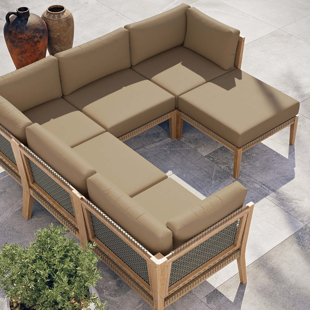 Clearwater 6-Piece Outdoor Patio Teak Wood Sectional Sofa - Gray Light Brown (2 Armless Chairs, 3 Corner Chairs, Ottoman)