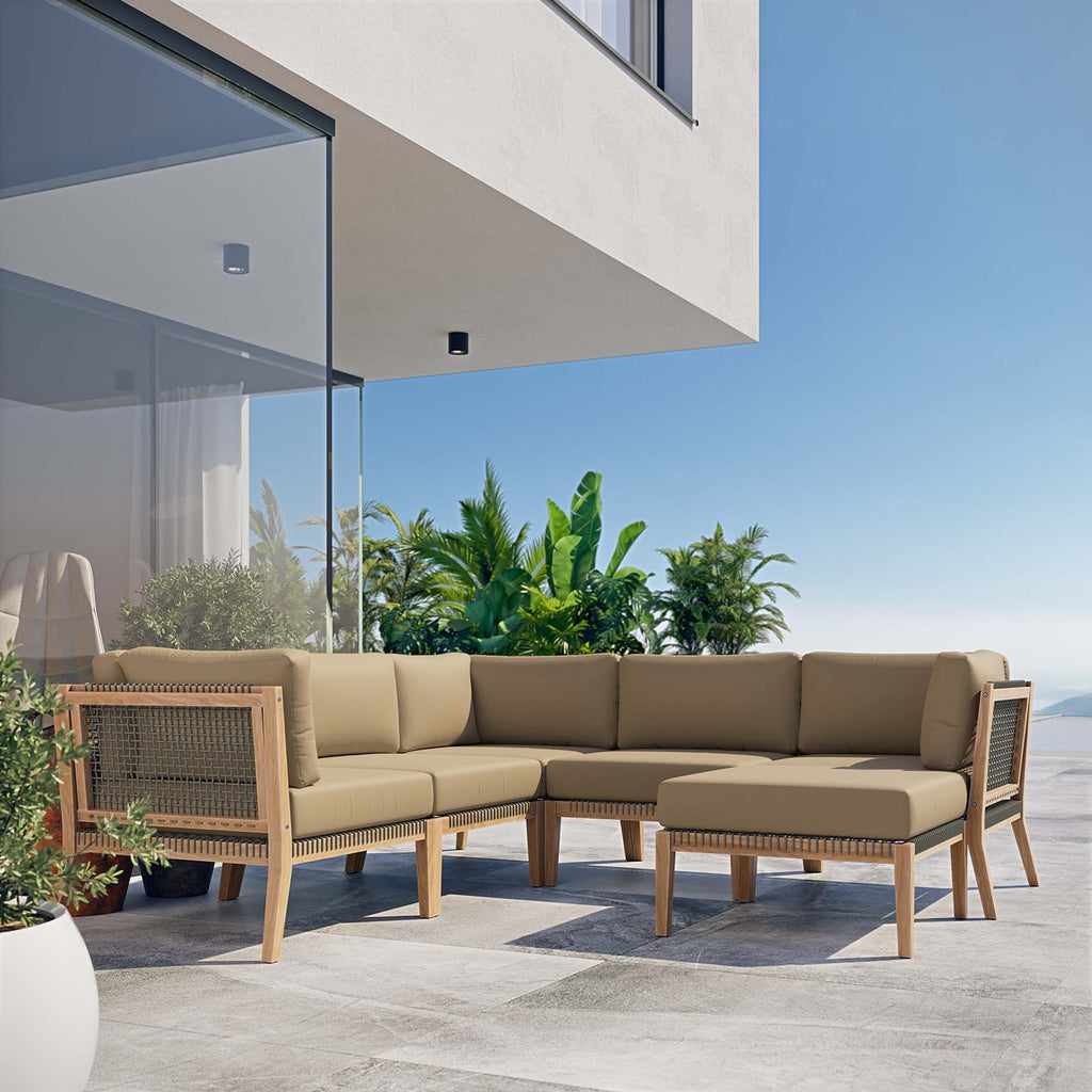 Clearwater 6-Piece Outdoor Patio Teak Wood Sectional Sofa - Gray Light Brown (2 Armless Chairs, 3 Corner Chairs, Ottoman)