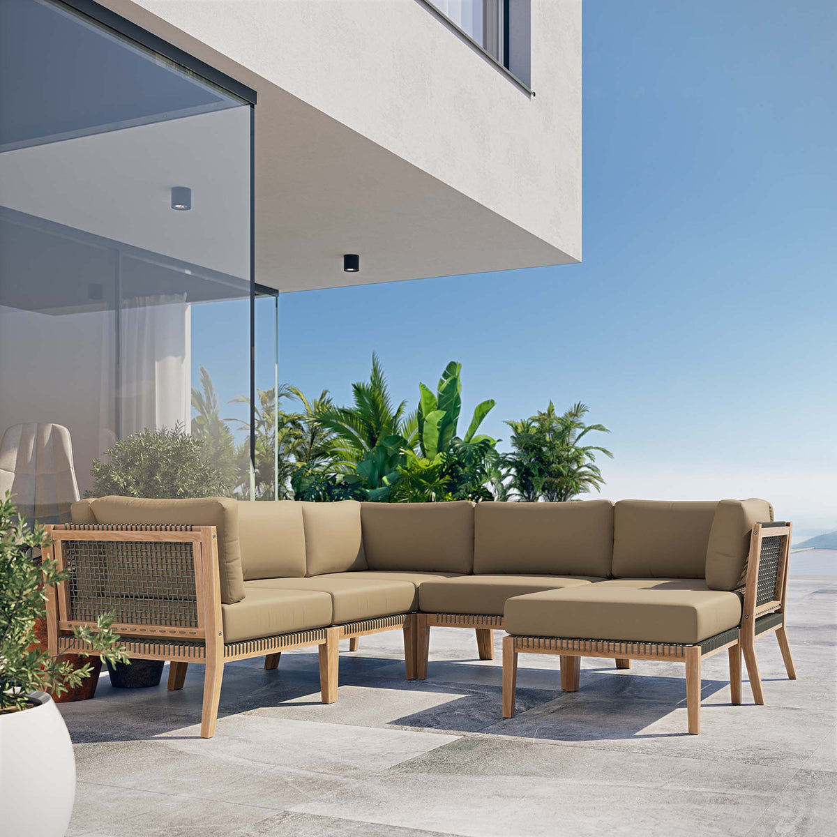 Clearwater 6-Piece Outdoor Patio Teak Wood Sectional Sofa - Gray Light Brown (2 Armless Chairs, 3 Corner Chairs, Ottoman)