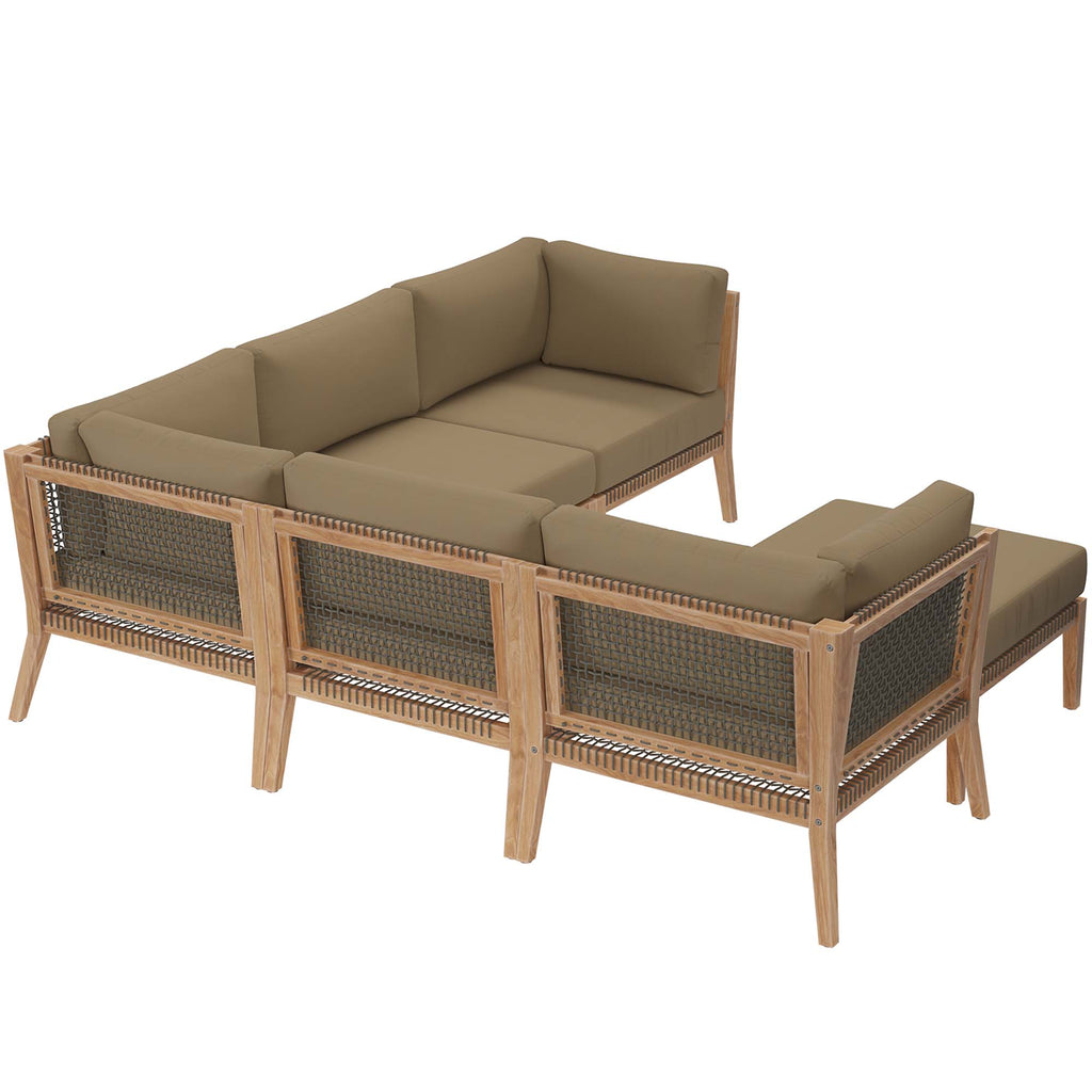 Clearwater 6-Piece Outdoor Patio Teak Wood Sectional Sofa - Gray Light Brown (2 Armless Chairs, 3 Corner Chairs, Ottoman)