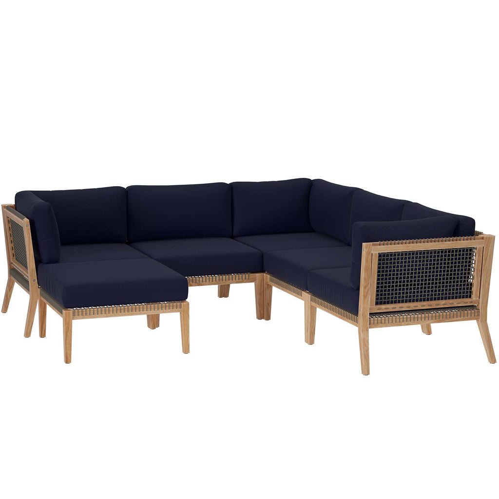 Clearwater 6-Piece Outdoor Patio Teak Wood Sectional Sofa - Gray Navy (2 Armless Chairs, 3 Corner Chairs, Ottoman)