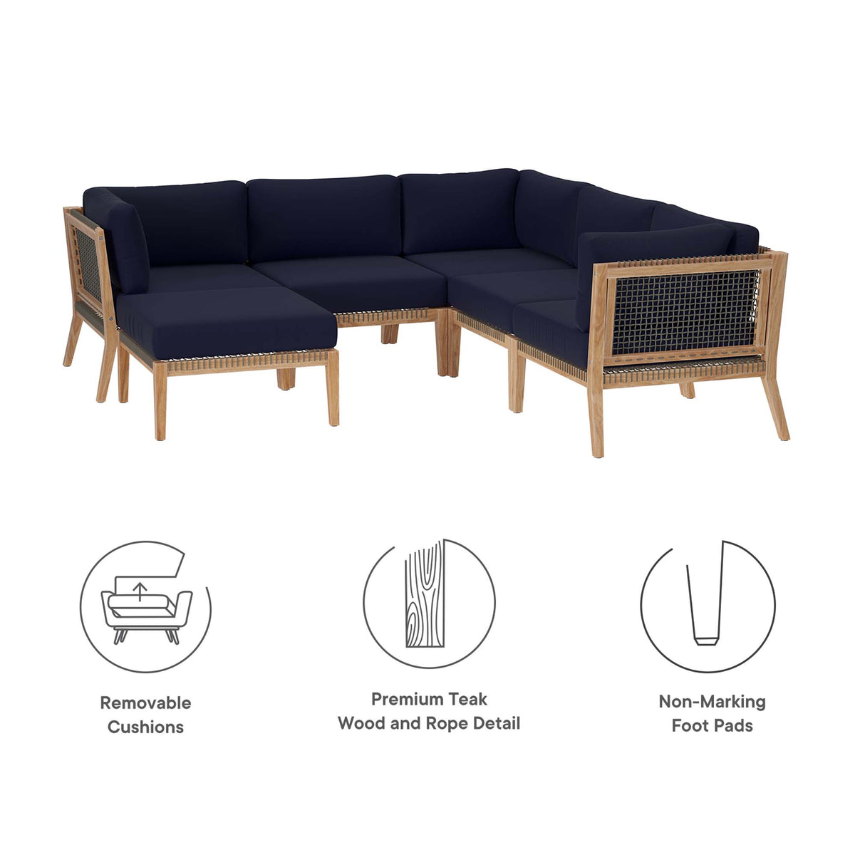 Clearwater 6-Piece Outdoor Patio Teak Wood Sectional Sofa - Gray Navy (2 Armless Chairs, 3 Corner Chairs, Ottoman)