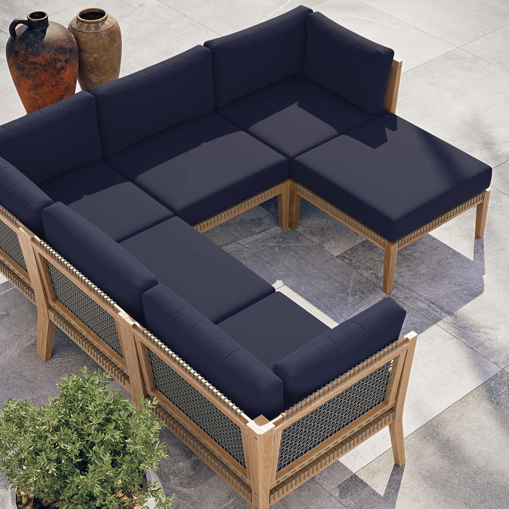 Clearwater 6-Piece Outdoor Patio Teak Wood Sectional Sofa - Gray Navy (2 Armless Chairs, 3 Corner Chairs, Ottoman)