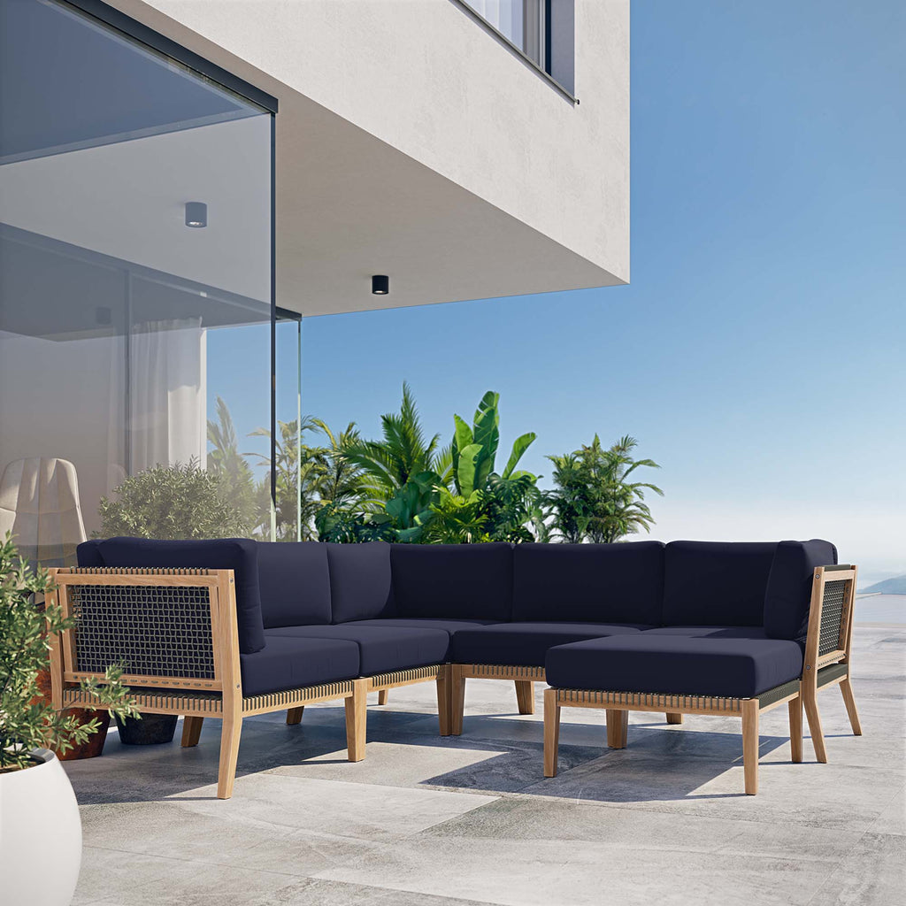 Clearwater 6-Piece Outdoor Patio Teak Wood Sectional Sofa - Gray Navy (2 Armless Chairs, 3 Corner Chairs, Ottoman)