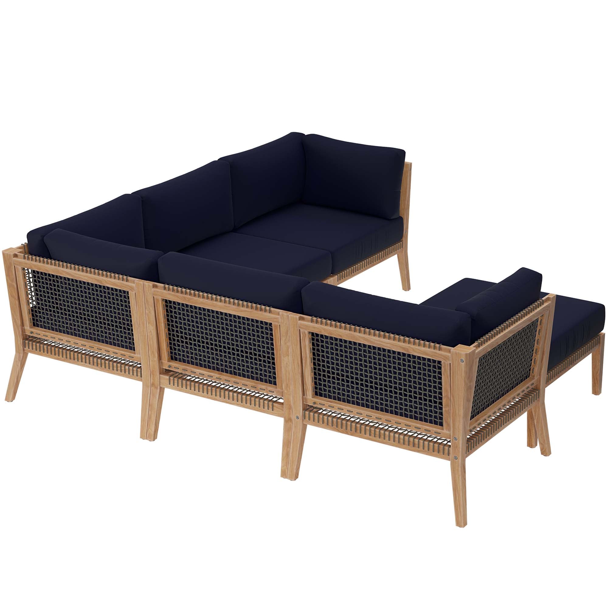 Clearwater 6-Piece Outdoor Patio Teak Wood Sectional Sofa - Gray Navy (2 Armless Chairs, 3 Corner Chairs, Ottoman)