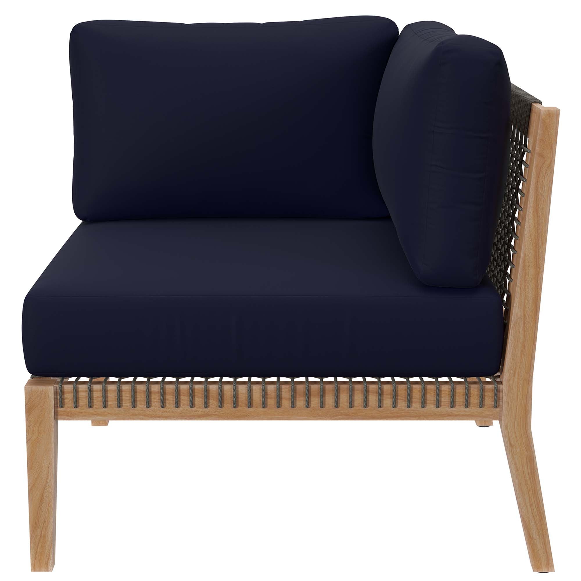 Clearwater 6-Piece Outdoor Patio Teak Wood Sectional Sofa - Gray Navy (2 Armless Chairs, 3 Corner Chairs, Ottoman)