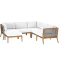 Clearwater 6-Piece Outdoor Patio Teak Wood Sectional Sofa - Gray White (2 Armless Chairs, 3 Corner Chairs, Ottoman)