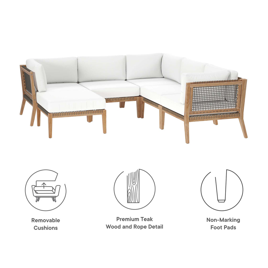 Clearwater 6-Piece Outdoor Patio Teak Wood Sectional Sofa - Gray White (2 Armless Chairs, 3 Corner Chairs, Ottoman)