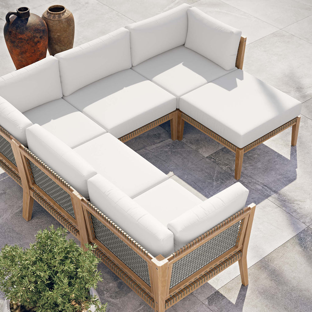 Clearwater 6-Piece Outdoor Patio Teak Wood Sectional Sofa - Gray White (2 Armless Chairs, 3 Corner Chairs, Ottoman)