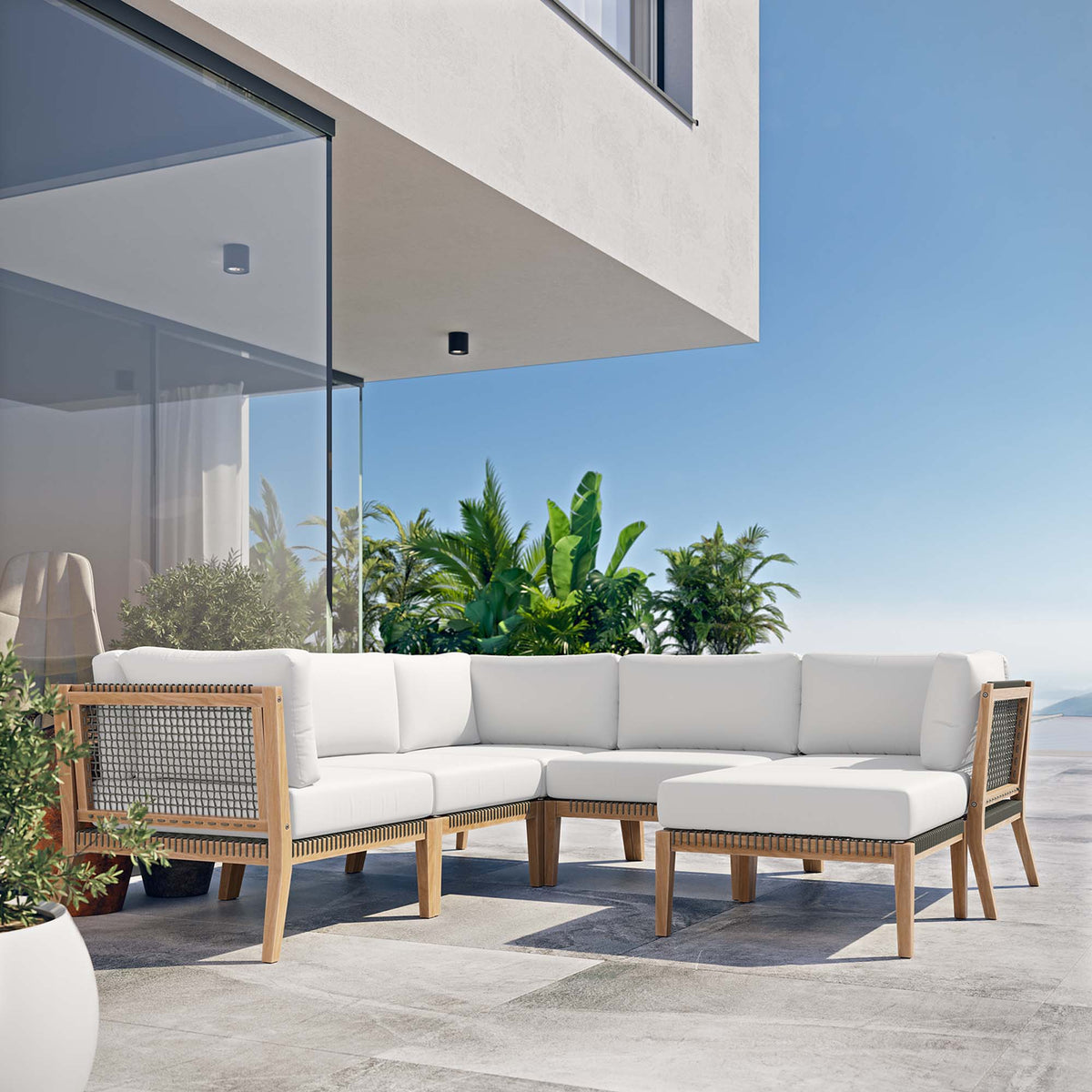 Clearwater 6-Piece Outdoor Patio Teak Wood Sectional Sofa - Gray White (2 Armless Chairs, 3 Corner Chairs, Ottoman)