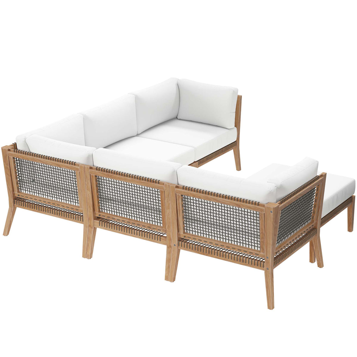 Clearwater 6-Piece Outdoor Patio Teak Wood Sectional Sofa - Gray White (2 Armless Chairs, 3 Corner Chairs, Ottoman)