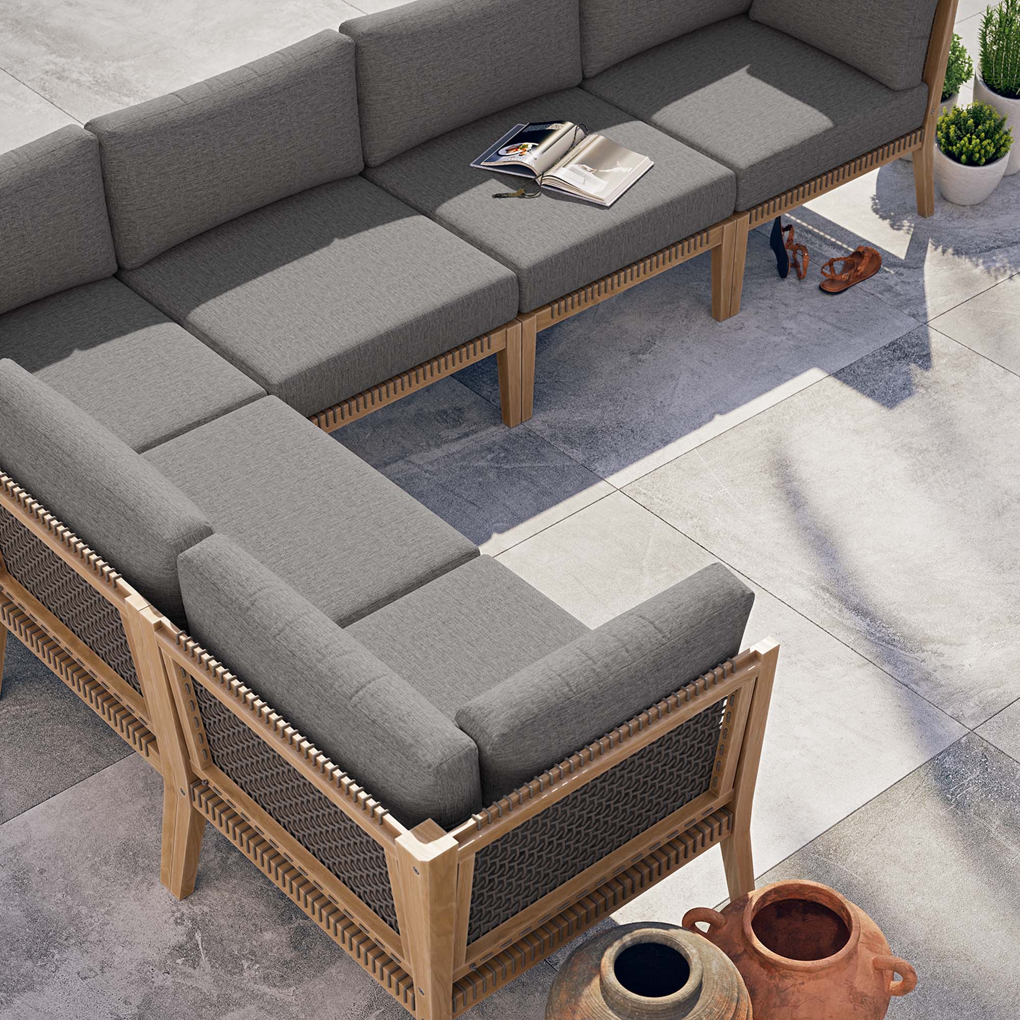 Clearwater 6-Piece Outdoor Patio Teak Wood Sectional Sofa - Gray Graphite (3 Armless Chairs, 3 Corner Chairs)