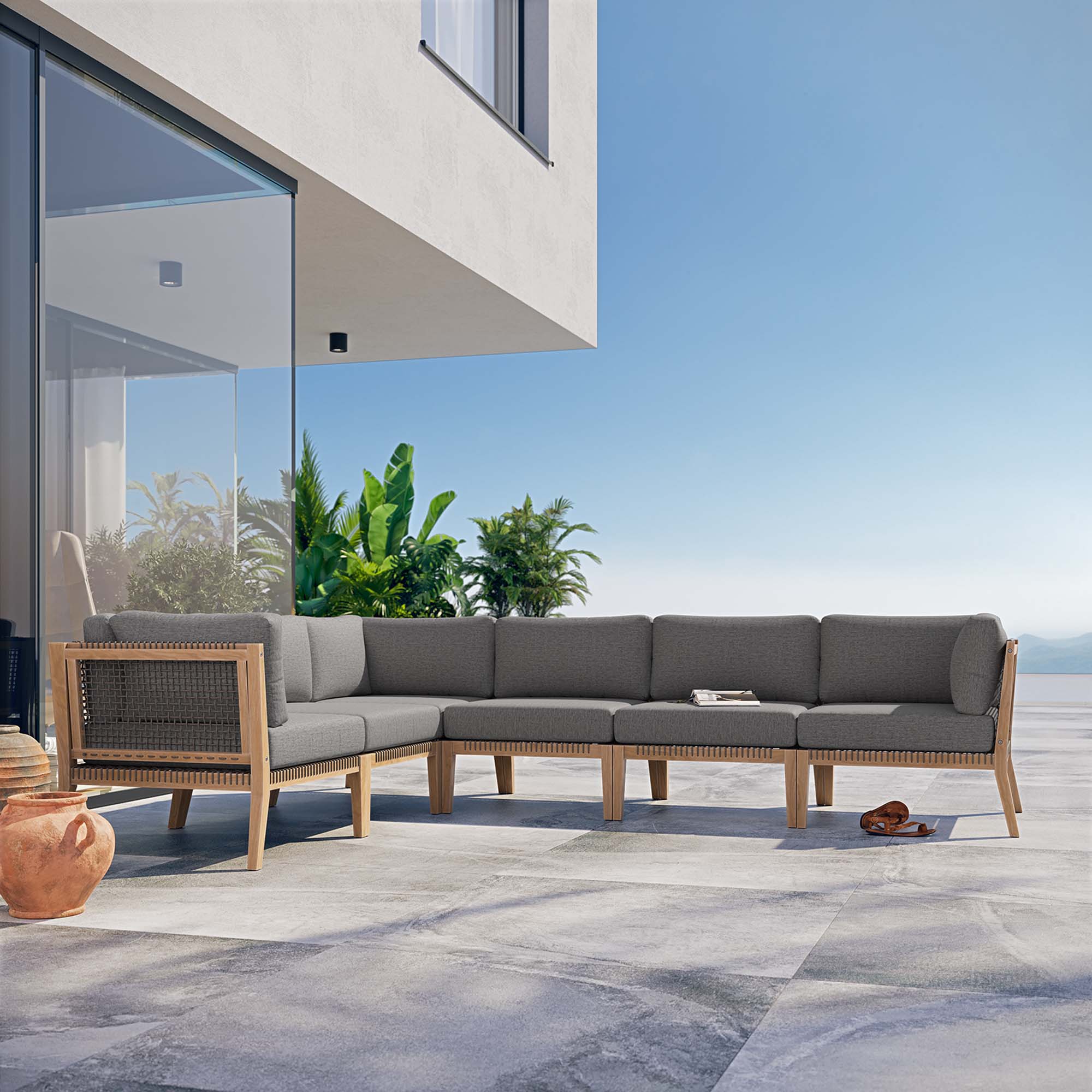 Clearwater 6-Piece Outdoor Patio Teak Wood Sectional Sofa - Gray Graphite (3 Armless Chairs, 3 Corner Chairs)
