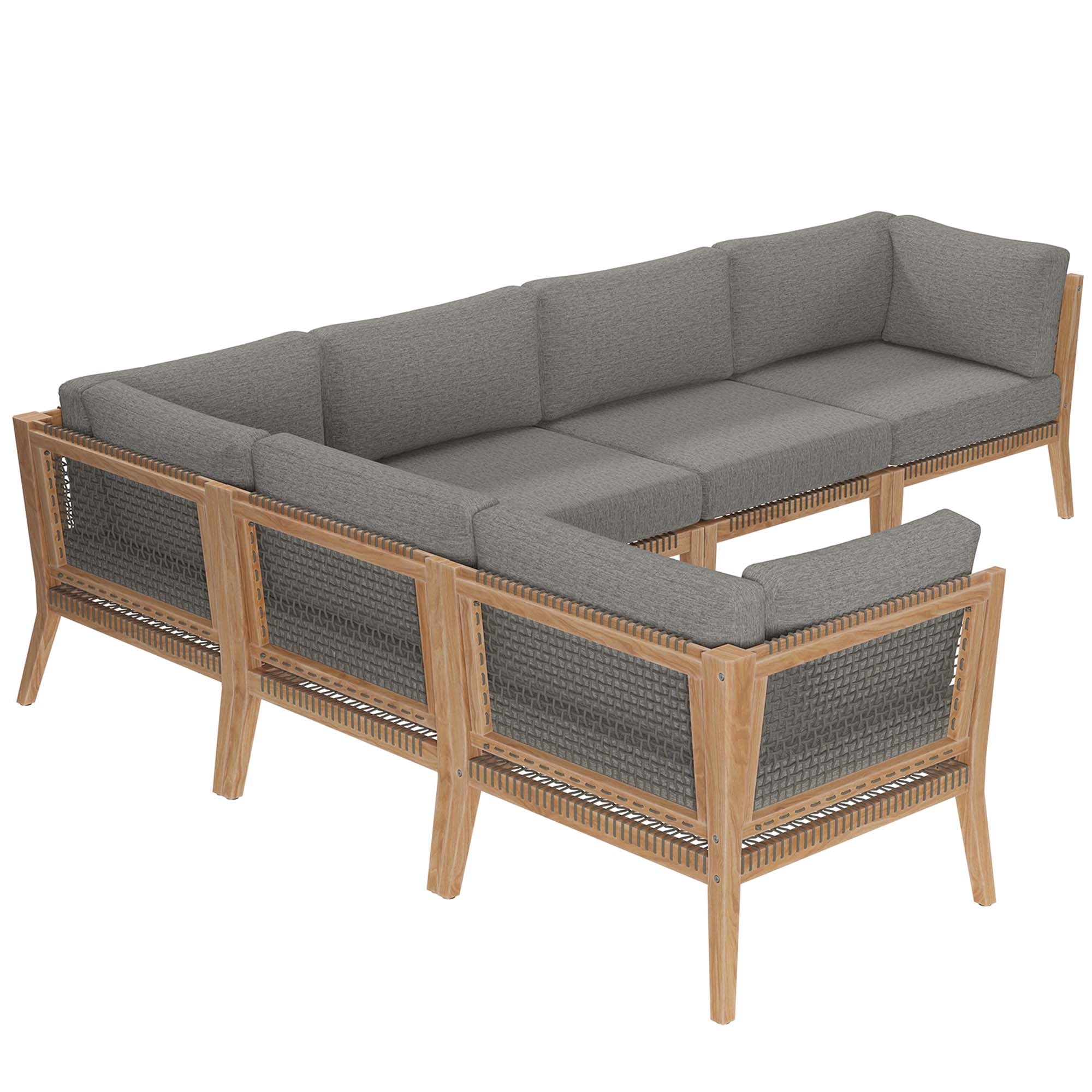 Clearwater 6-Piece Outdoor Patio Teak Wood Sectional Sofa - Gray Graphite (3 Armless Chairs, 3 Corner Chairs)