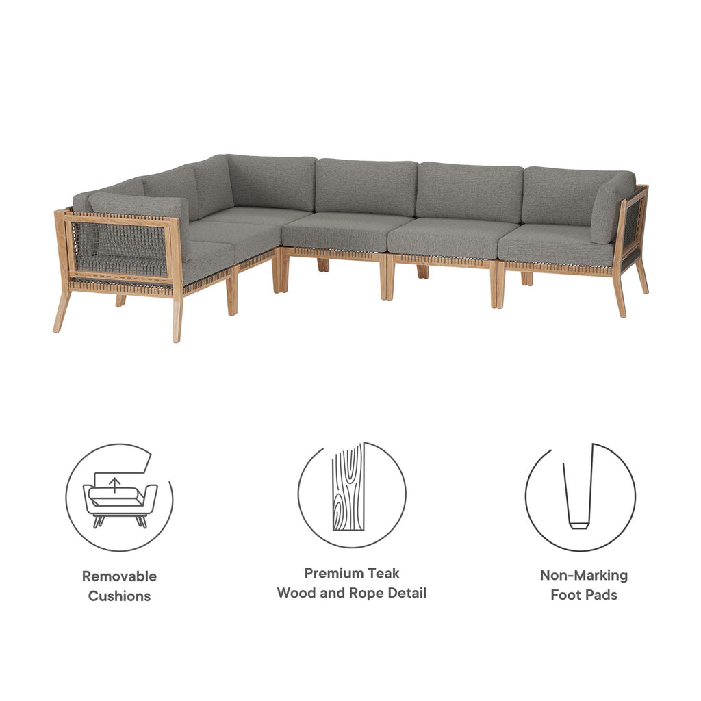 Clearwater 6-Piece Outdoor Patio Teak Wood Sectional Sofa - Gray Graphite (3 Armless Chairs, 3 Corner Chairs)