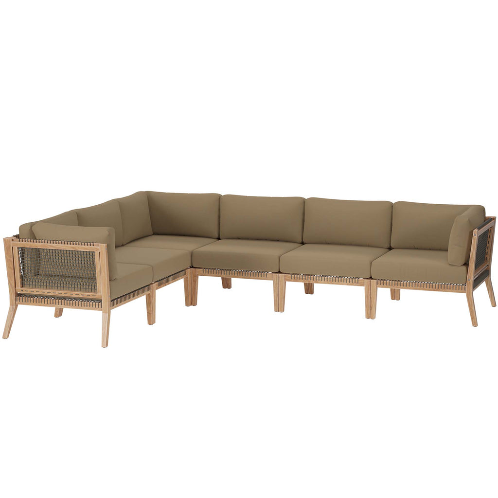 Clearwater 6-Piece Outdoor Patio Teak Wood Sectional Sofa - Gray Light Brown (3 Armless Chairs, 3 Corner Chairs)