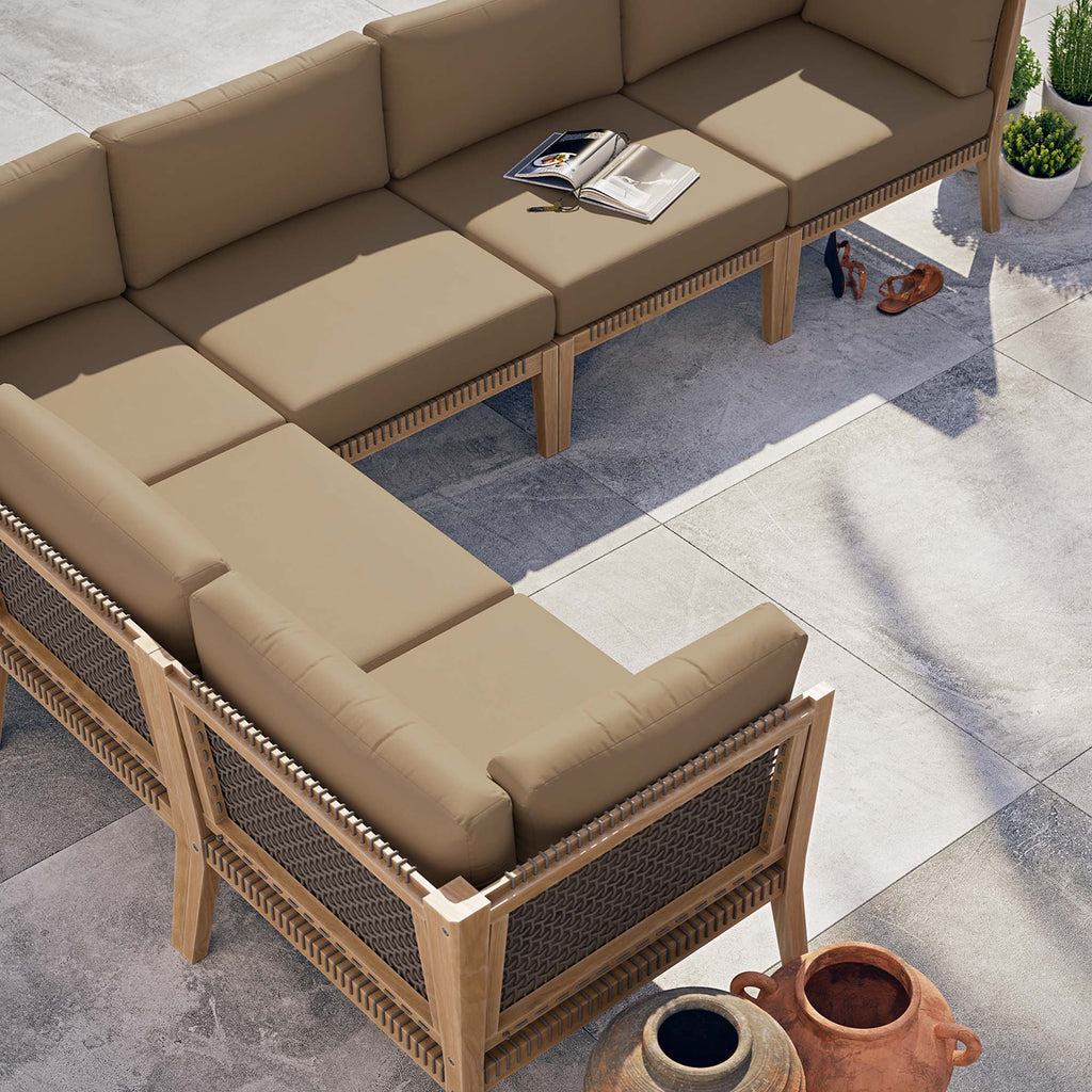 Clearwater 6-Piece Outdoor Patio Teak Wood Sectional Sofa - Gray Light Brown (3 Armless Chairs, 3 Corner Chairs)