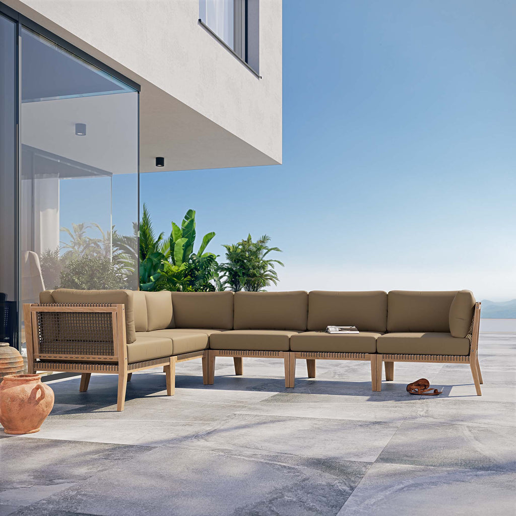 Clearwater 6-Piece Outdoor Patio Teak Wood Sectional Sofa - Gray Light Brown (3 Armless Chairs, 3 Corner Chairs)