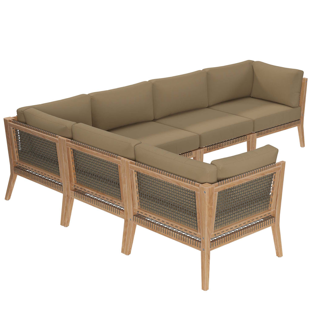 Clearwater 6-Piece Outdoor Patio Teak Wood Sectional Sofa - Gray Light Brown (3 Armless Chairs, 3 Corner Chairs)