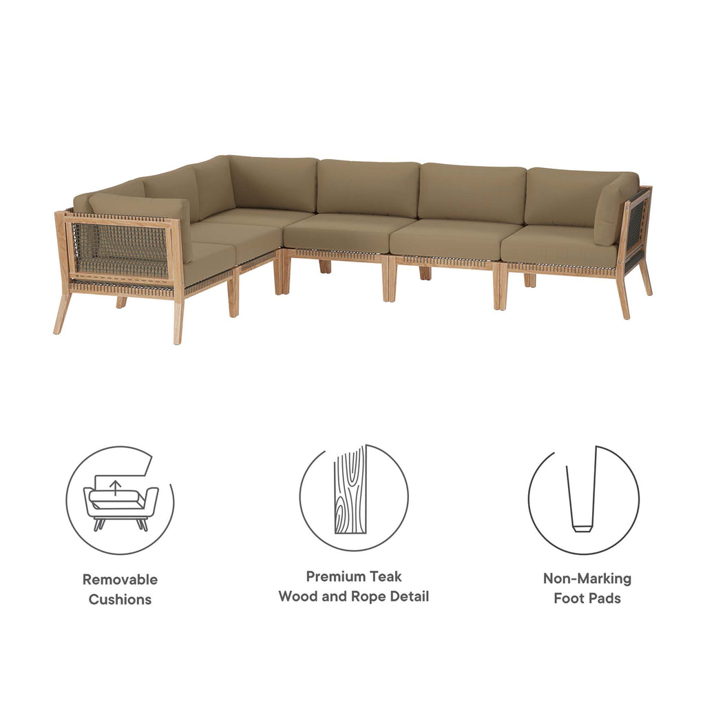 Clearwater 6-Piece Outdoor Patio Teak Wood Sectional Sofa - Gray Light Brown (3 Armless Chairs, 3 Corner Chairs)
