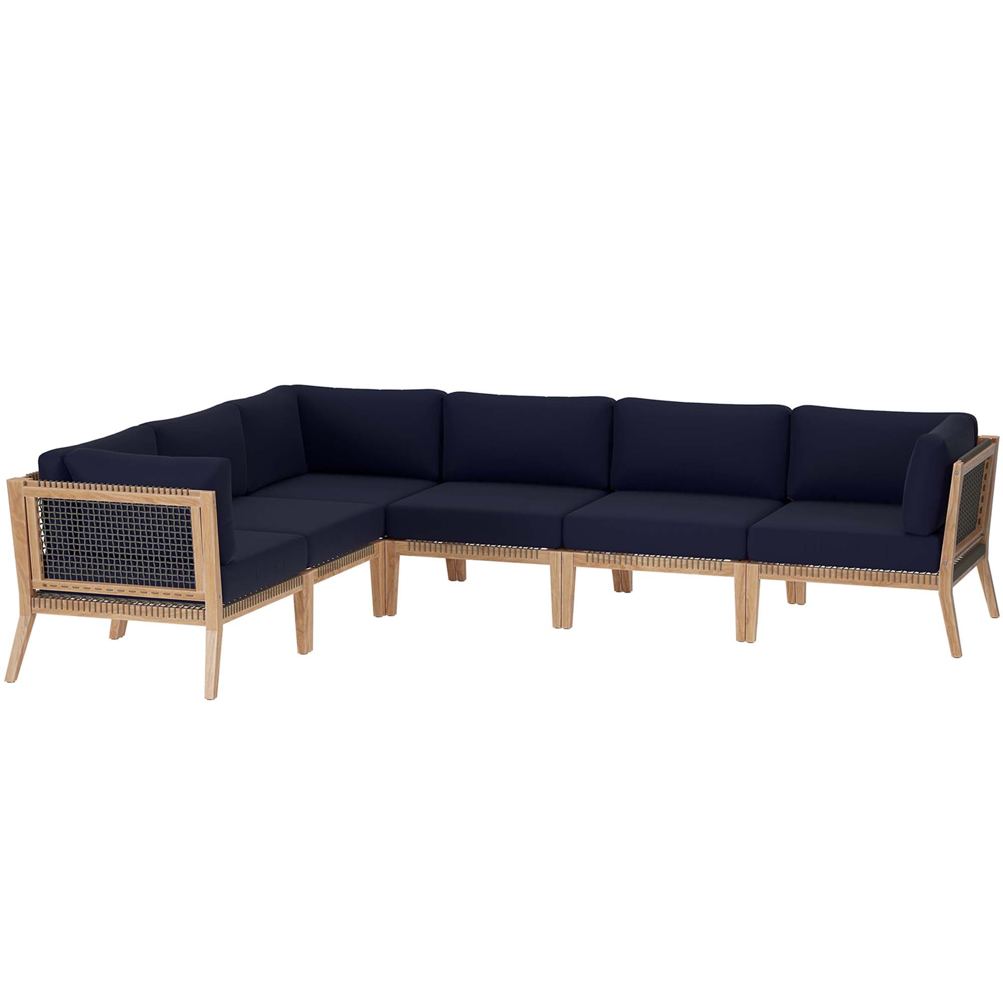 Clearwater 6-Piece Outdoor Patio Teak Wood Sectional Sofa - Gray Navy (3 Armless Chairs, 3 Corner Chairs)