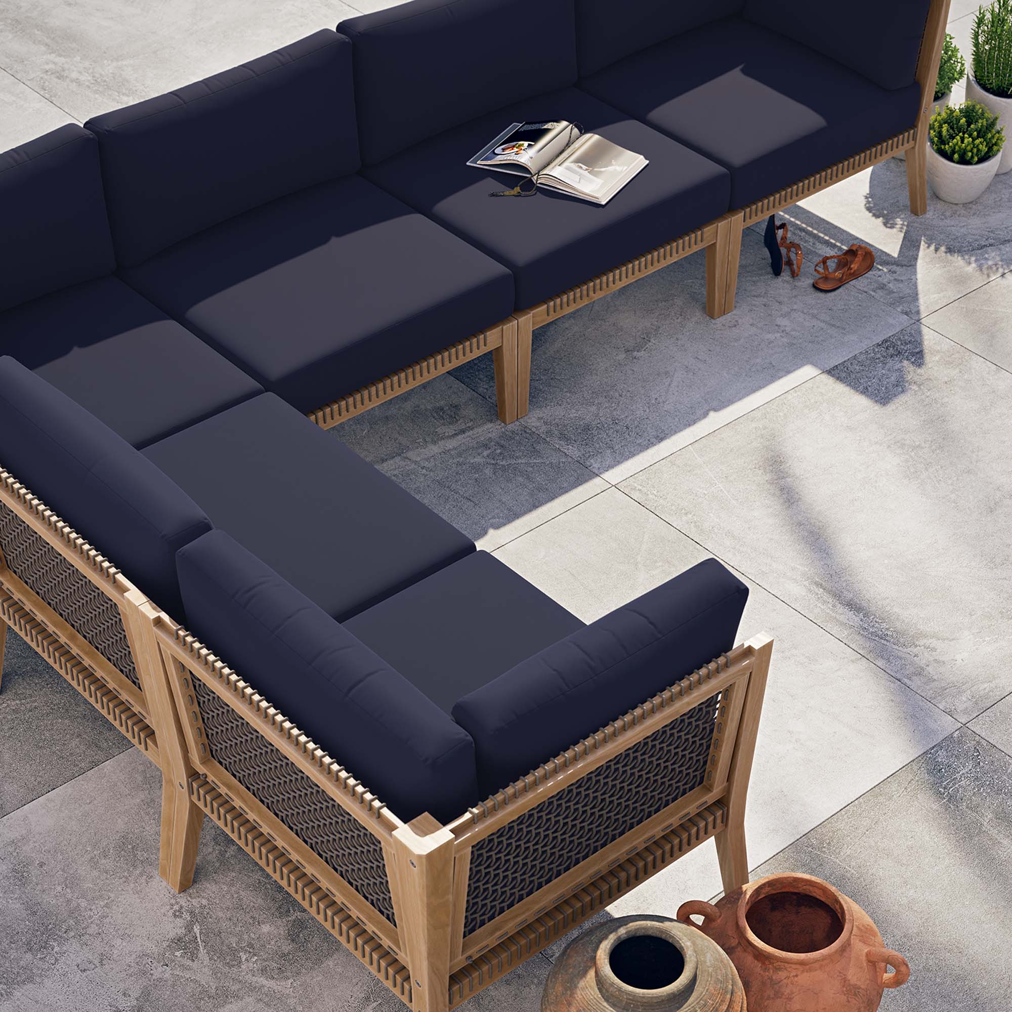 Clearwater 6-Piece Outdoor Patio Teak Wood Sectional Sofa - Gray Navy (3 Armless Chairs, 3 Corner Chairs)