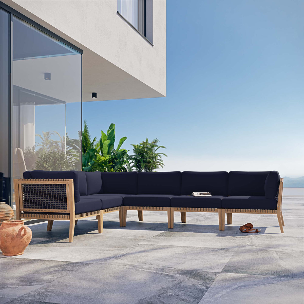 Clearwater 6-Piece Outdoor Patio Teak Wood Sectional Sofa - Gray Navy (3 Armless Chairs, 3 Corner Chairs)