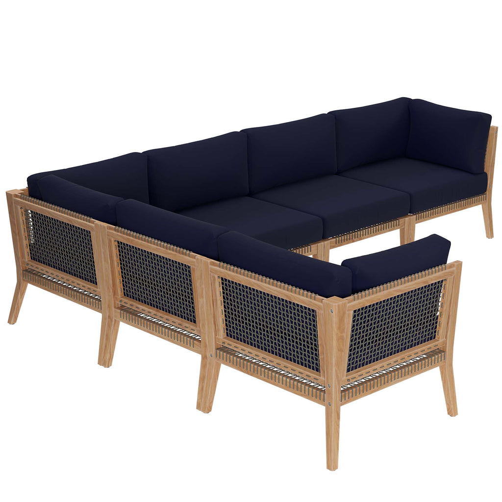 Clearwater 6-Piece Outdoor Patio Teak Wood Sectional Sofa - Gray Navy (3 Armless Chairs, 3 Corner Chairs)