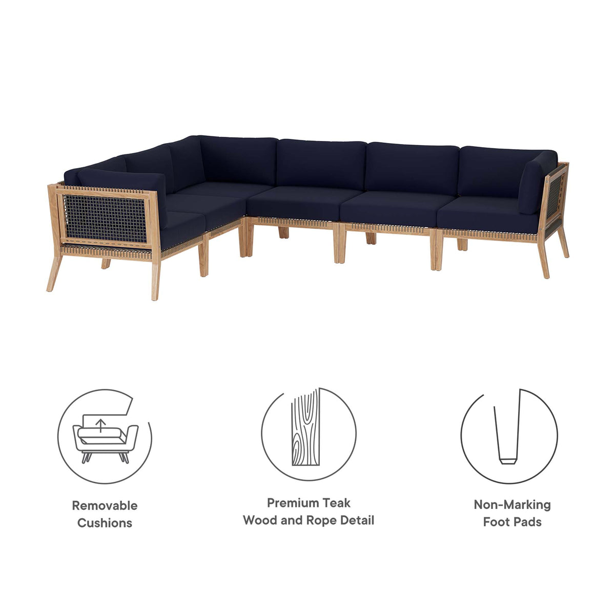 Clearwater 6-Piece Outdoor Patio Teak Wood Sectional Sofa - Gray Navy (3 Armless Chairs, 3 Corner Chairs)