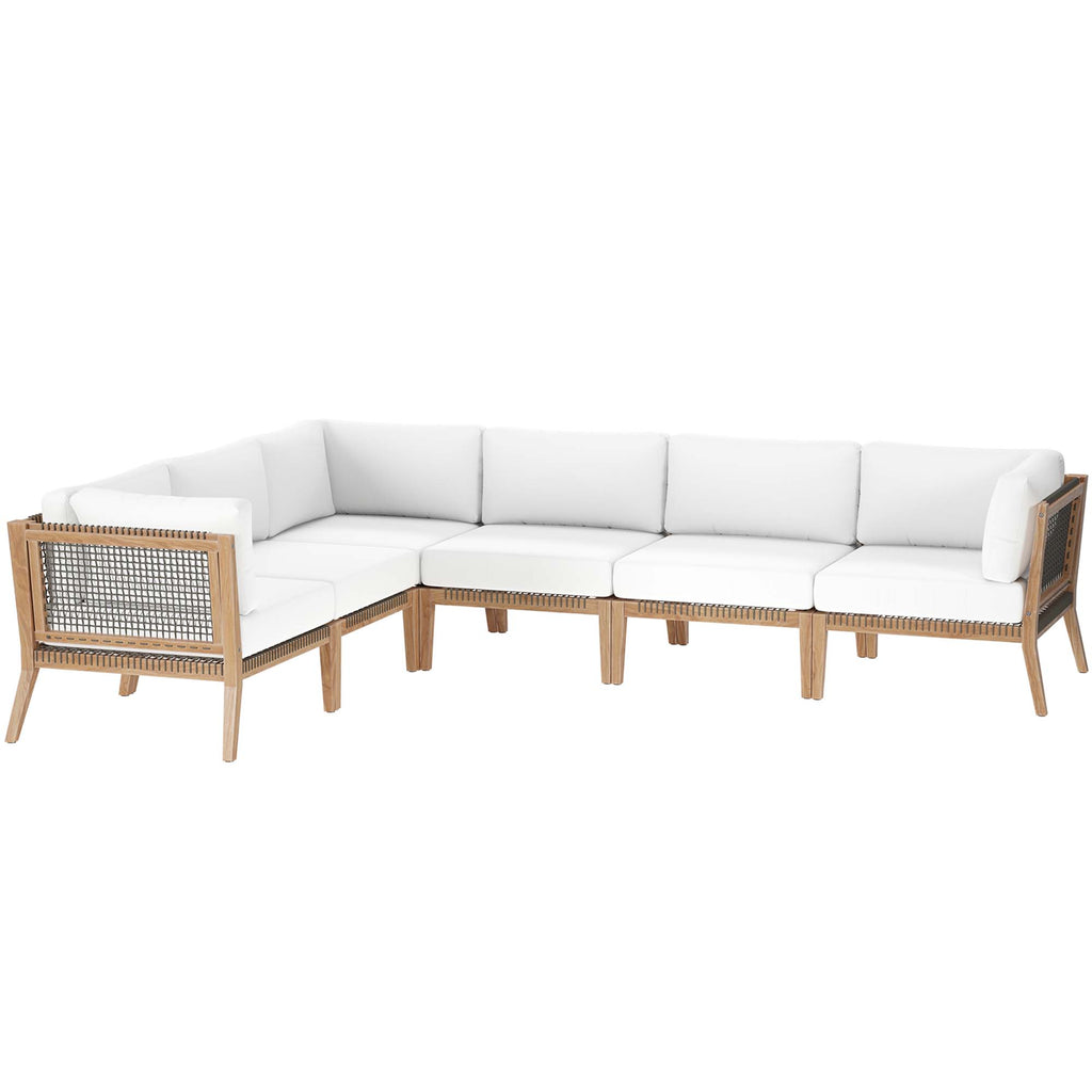 Clearwater 6-Piece Outdoor Patio Teak Wood Sectional Sofa - Gray White (3 Armless Chairs, 3 Corner Chairs)