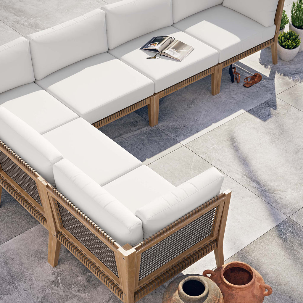 Clearwater 6-Piece Outdoor Patio Teak Wood Sectional Sofa - Gray White (3 Armless Chairs, 3 Corner Chairs)