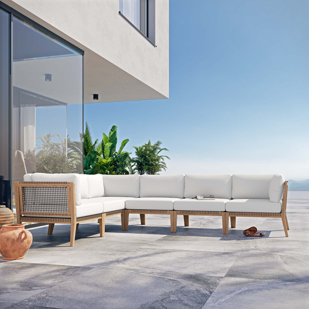 Clearwater 6-Piece Outdoor Patio Teak Wood Sectional Sofa - Gray White (3 Armless Chairs, 3 Corner Chairs)