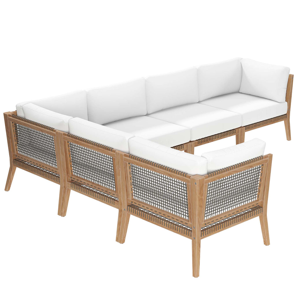 Clearwater 6-Piece Outdoor Patio Teak Wood Sectional Sofa - Gray White (3 Armless Chairs, 3 Corner Chairs)