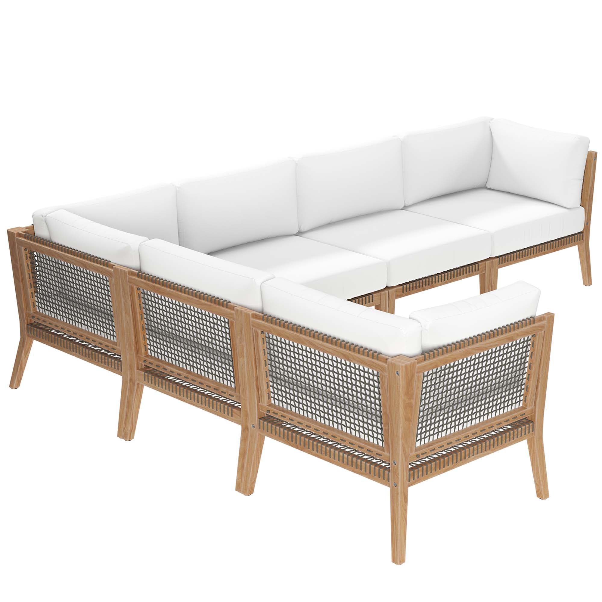 Clearwater 6-Piece Outdoor Patio Teak Wood Sectional Sofa - Gray White (3 Armless Chairs, 3 Corner Chairs)