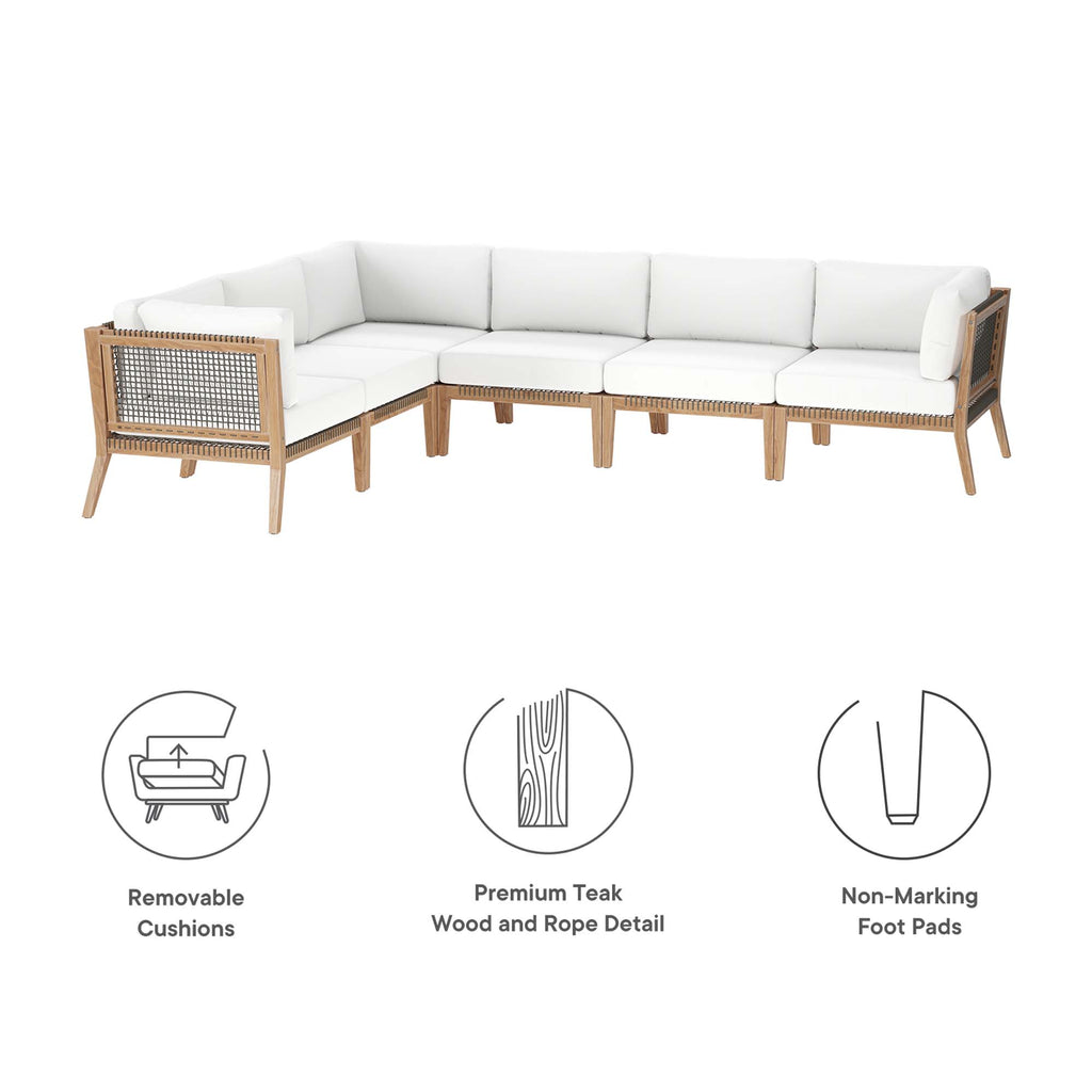 Clearwater 6-Piece Outdoor Patio Teak Wood Sectional Sofa - Gray White (3 Armless Chairs, 3 Corner Chairs)