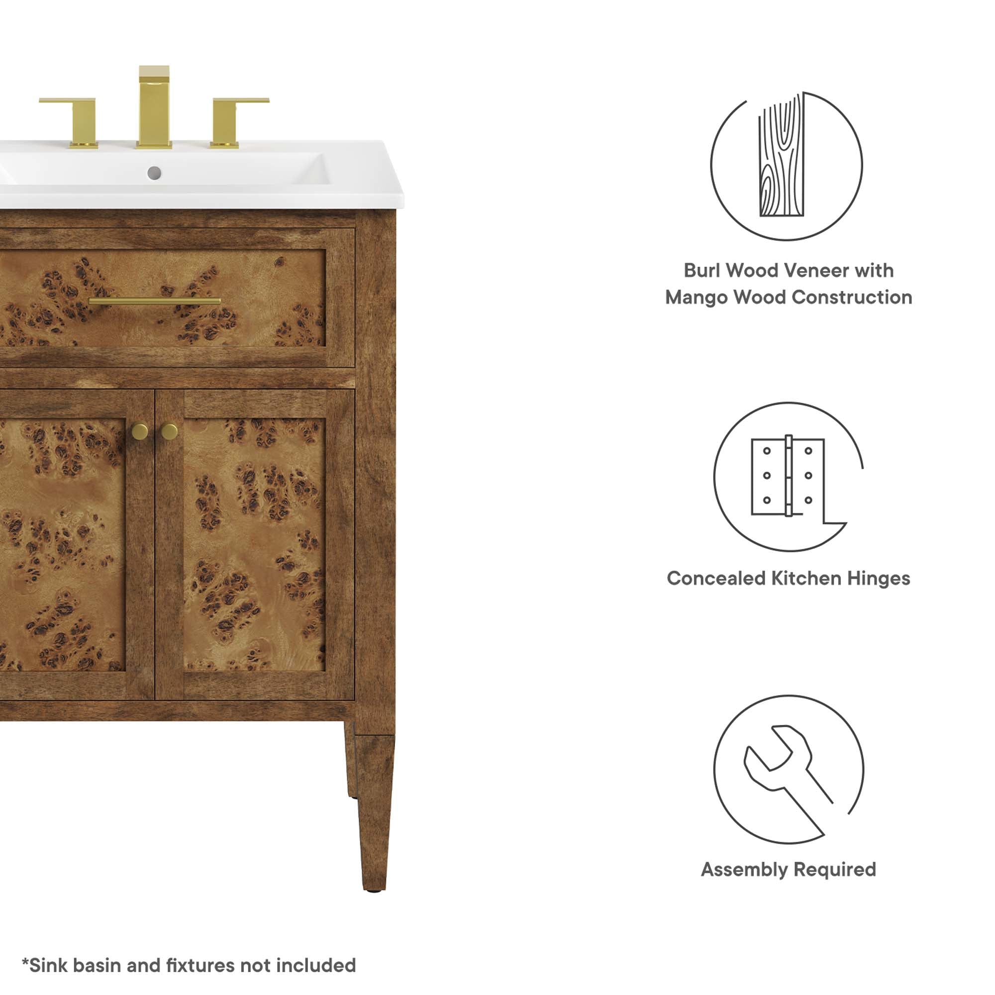 Elysian 24" Wood Bathroom Vanity Cabinet (Sink Basin Not Included) - Brown