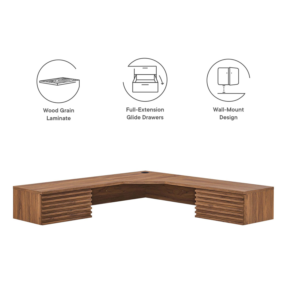 Render Wall Mount Corner Office Desk - Walnut