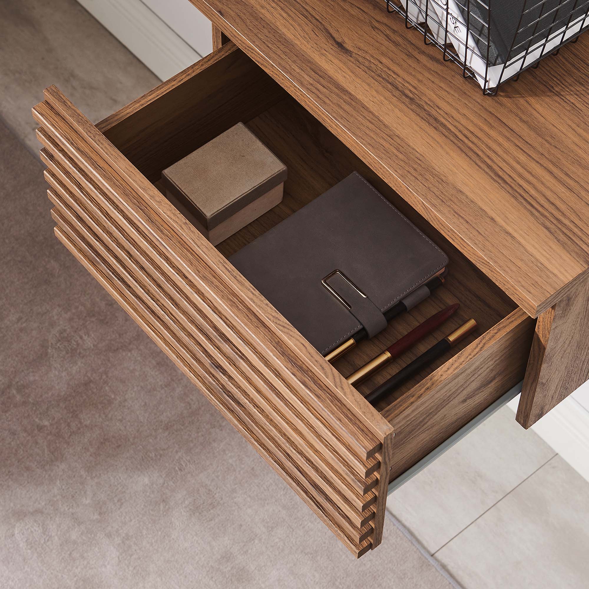 Render Wall Mount Corner Office Desk - Walnut