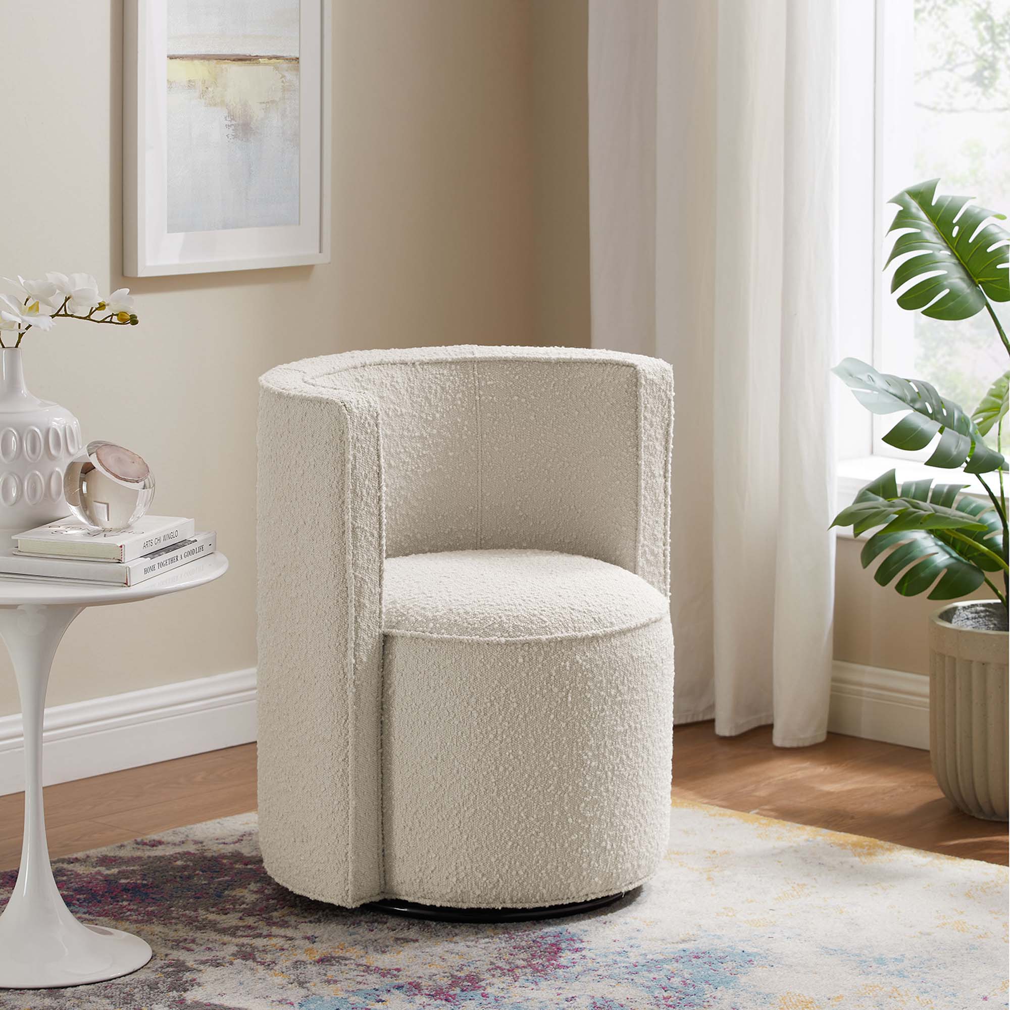 Della Boucle Fabric Swivel Chair - Ivory
