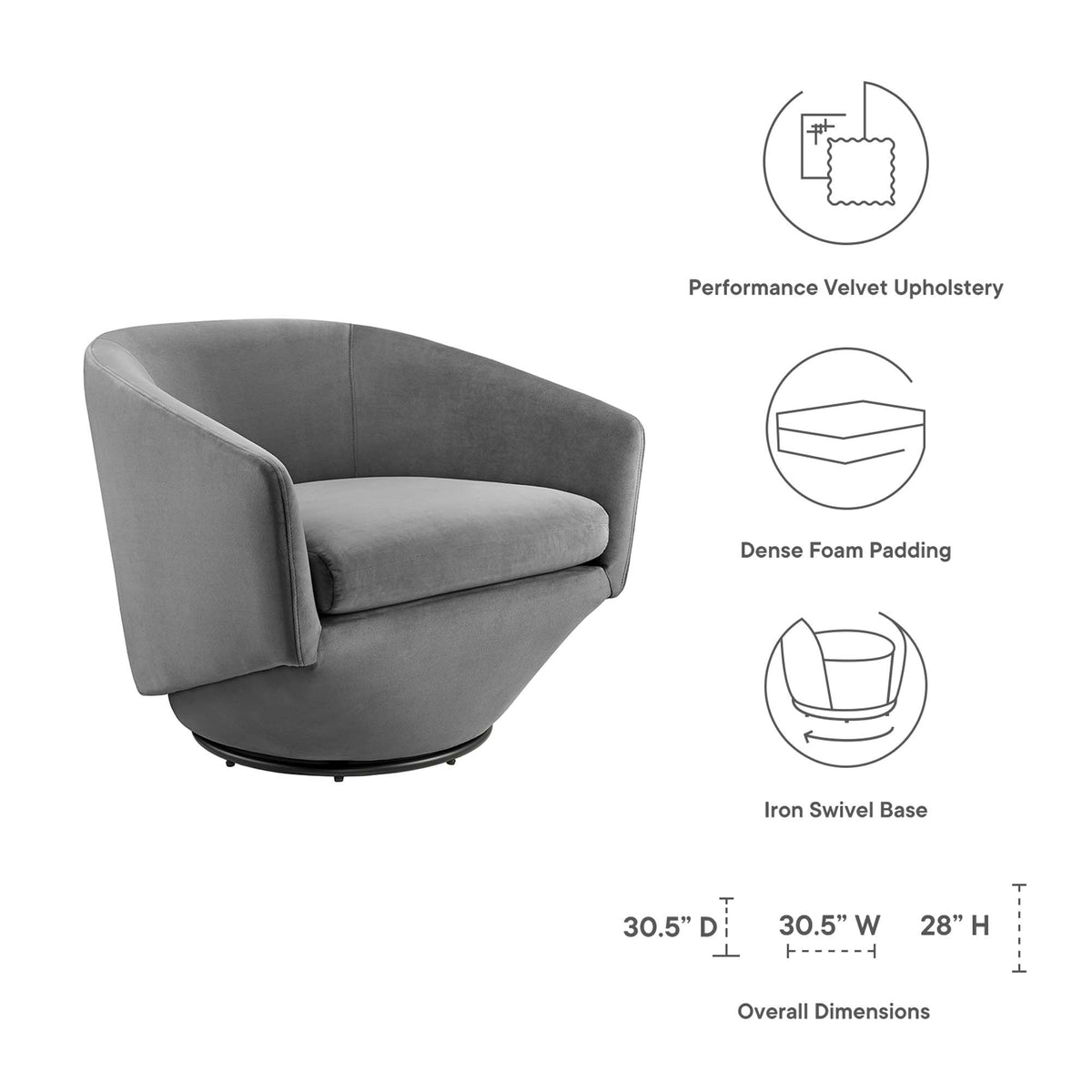 Series Performance Velvet Fabric Swivel Chair - Gray
